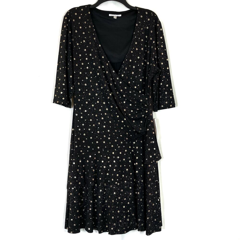 Robbie Bee Black Gold Metallic Dot Layered Ruffle Knee Length Dress NWT Women XL